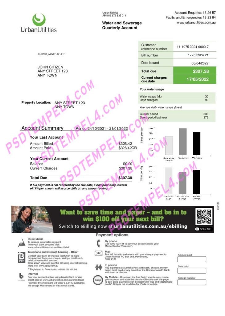 Australia Urban utility bill 2pages