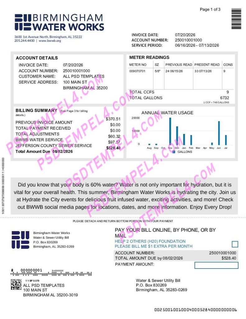 USA Alabama Birmingham Water Utility Bill 3Pages