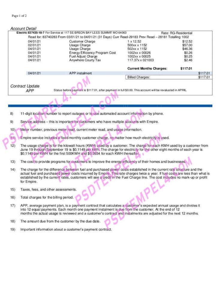 USA Empire District Electric Company utility bill 2pages