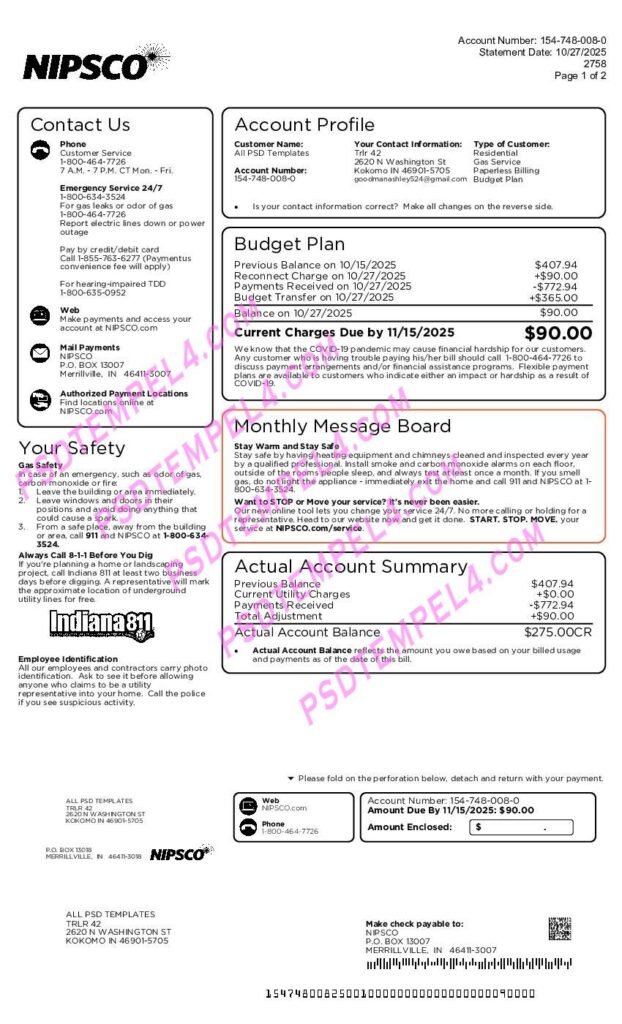 USA Indiana Nipsco utility bill 2pages