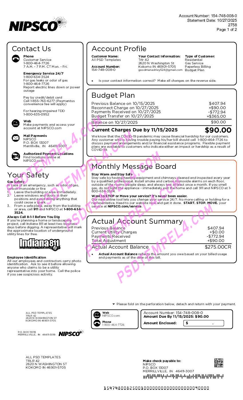 USA Indiana Nipsco utility bill 2pages