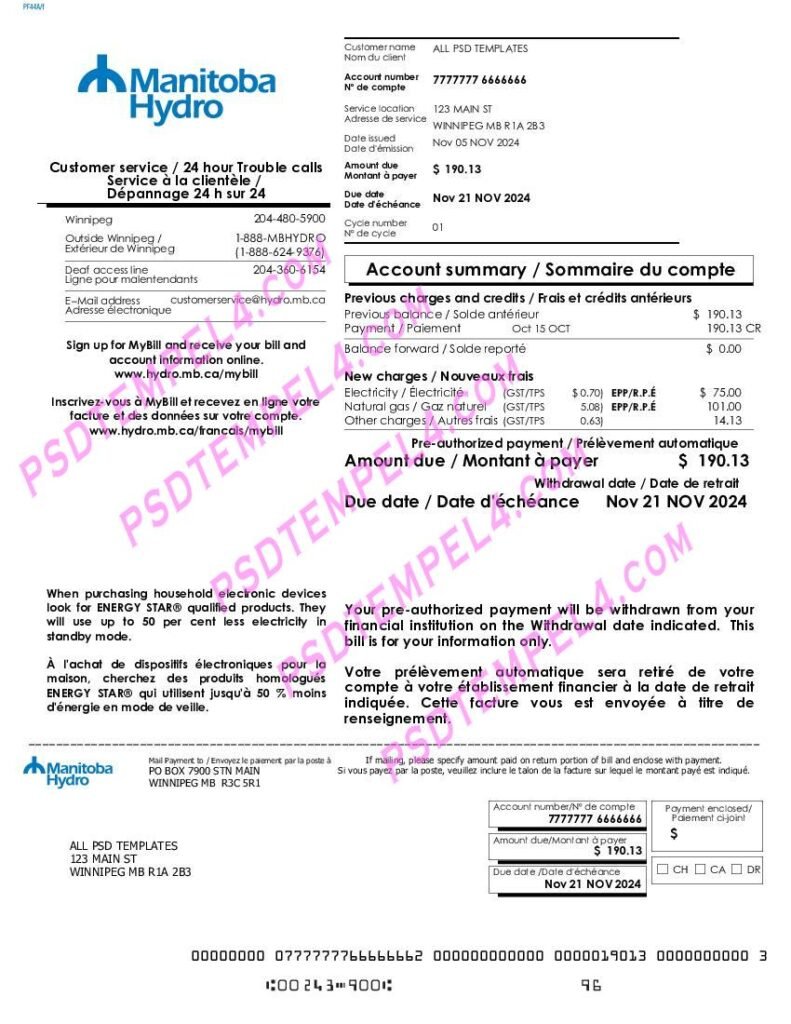 USA Manitoba Hydro Utility Bill 4pages