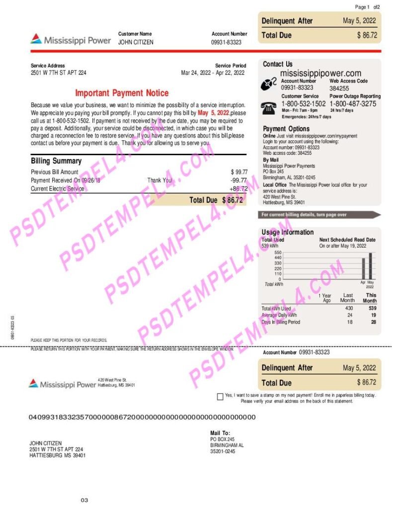 USA Mississippi power 2 pages utility bill