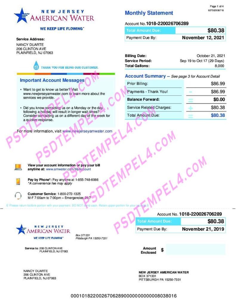 USA New Jersey American Water utility bill 3 Pages