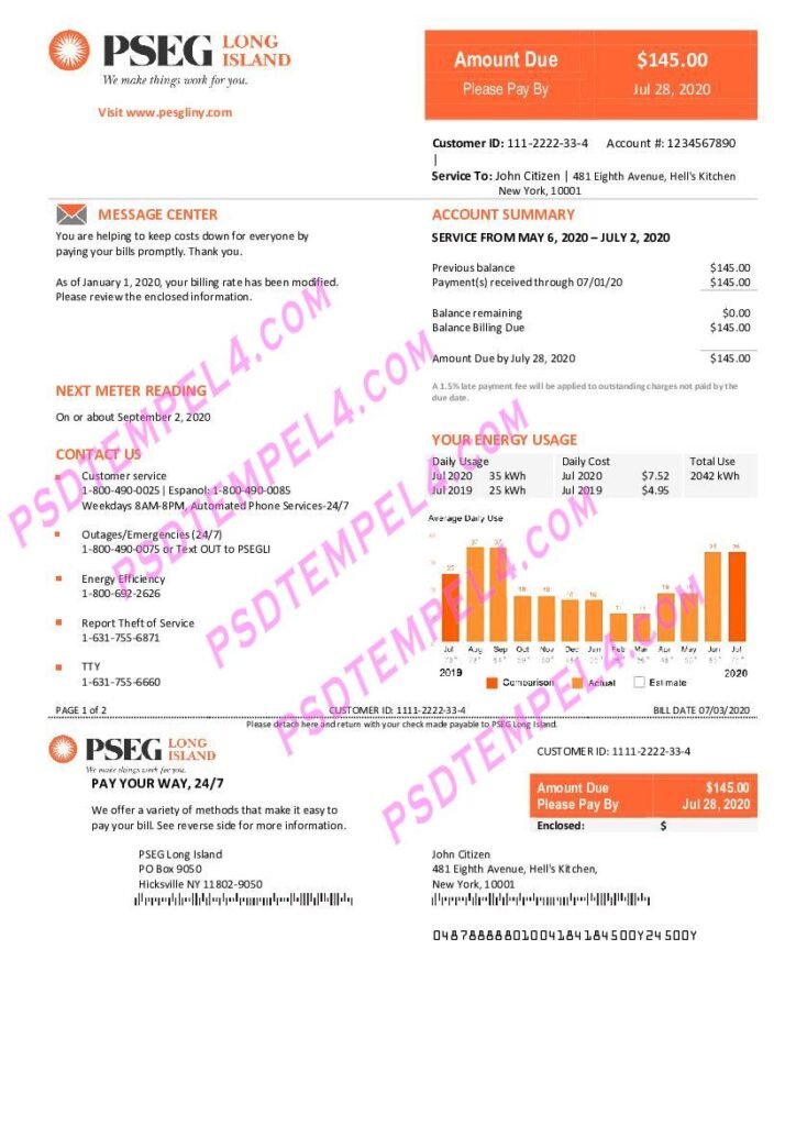 USA New Jersey PSEG electricity 2 pages utility bill