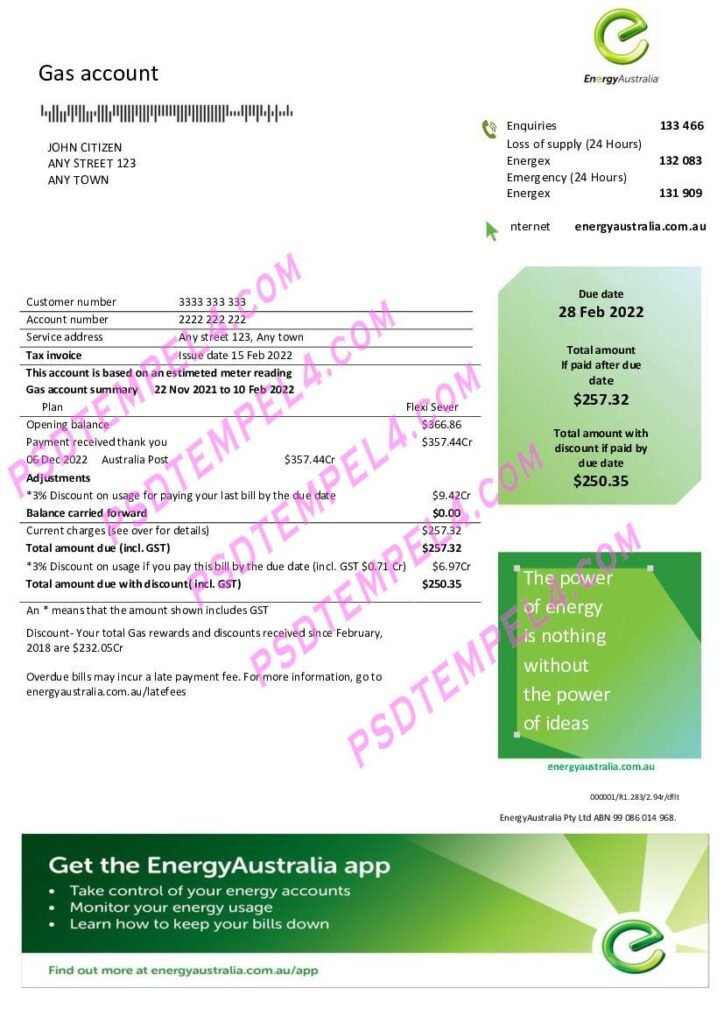 Australia Energy gas 3 pages utility bill