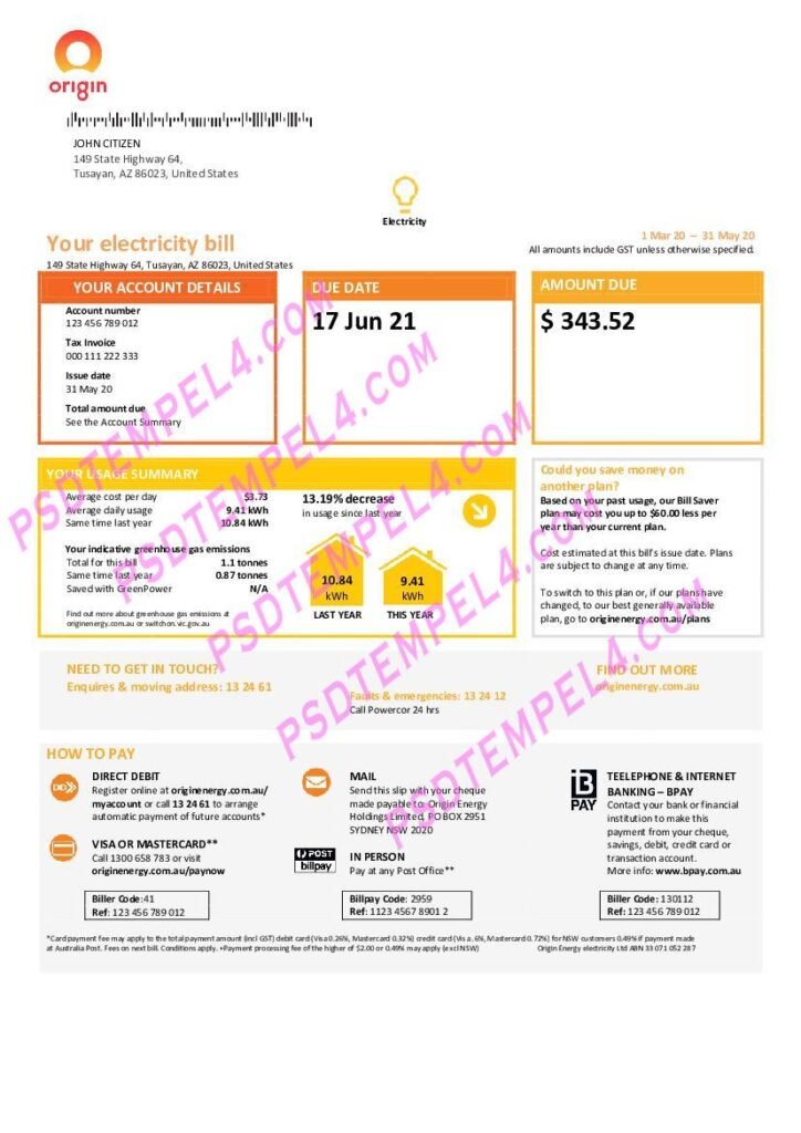 Australia New South Wales NSW Origin electricity 3 pages utility bill