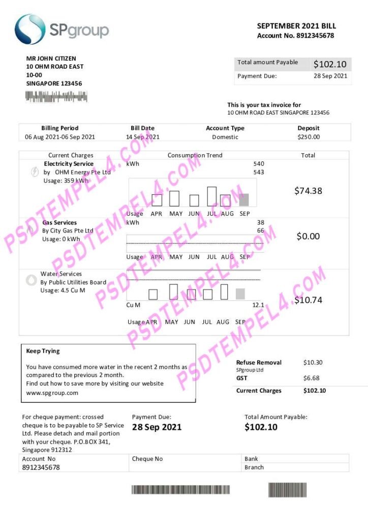 Singapore SP Group utility bill 2pages