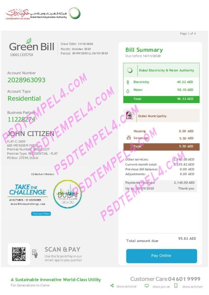 UAE United Arab Emirates Dubai Electricity Water Authority utility bill 4Pages