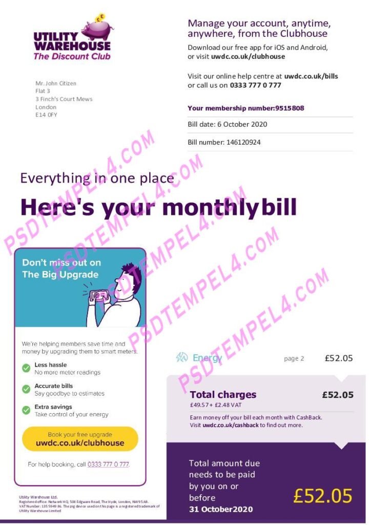 UK united kingdom utility warehouse utility bill 6pages
