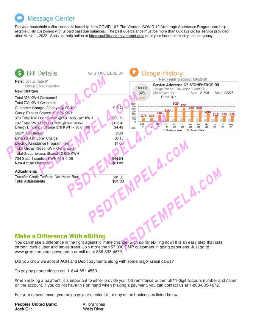 USA Colchester Vermont Green Mountain Power utility bill 2Pages - Image 2