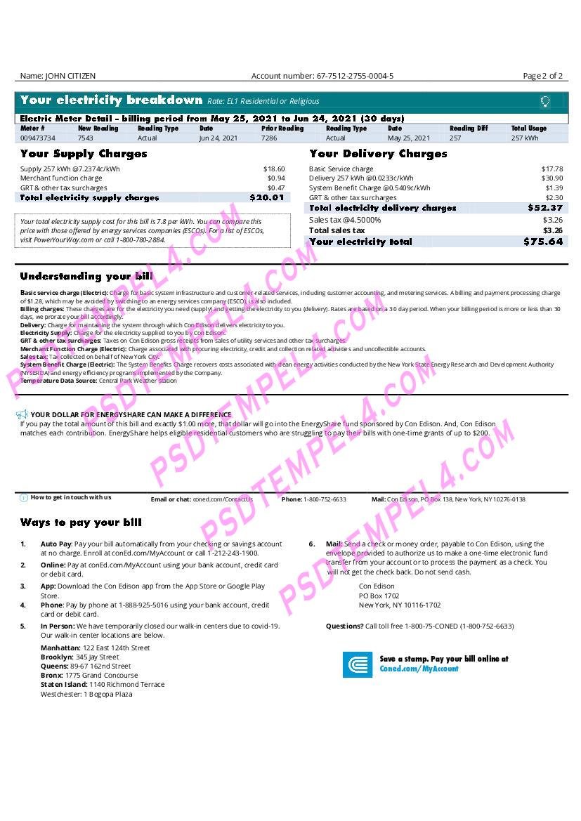 USA Con Edison utility bill 2pages - Image 2