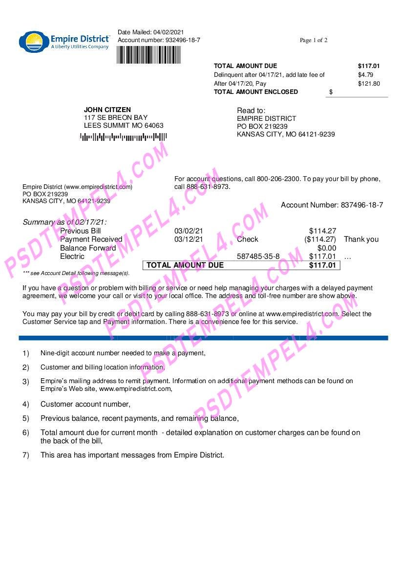 USA Empire District Electric Company utility bill 2pages - Image 2