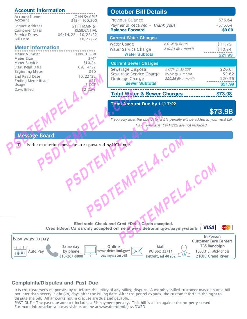 USA Michigan Water and sewerage department 2 pages utility bill - Image 2