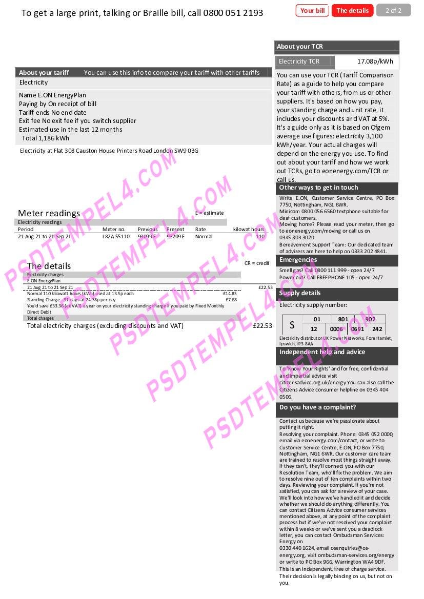 UK United Kingdom E utility bill.ON electricity V1 2pages - Image 2