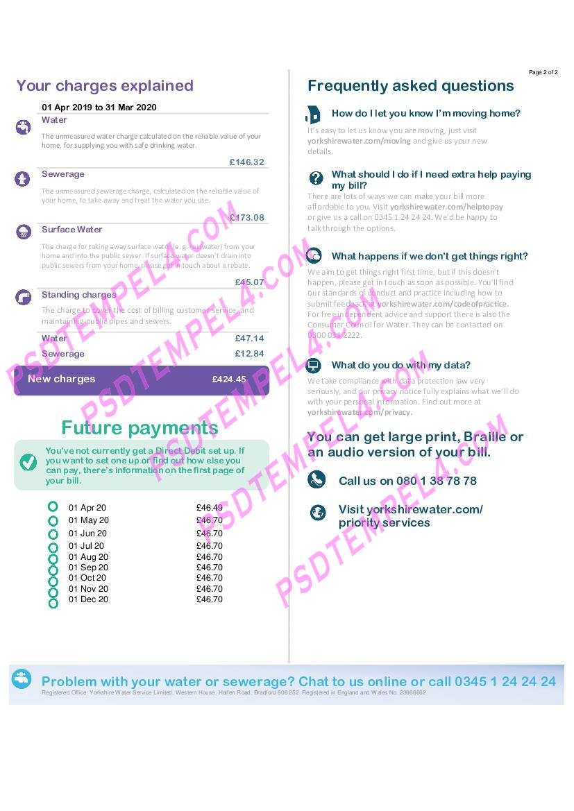 UK United Kingdom Yorkshire water utility bill 2pages - Image 2