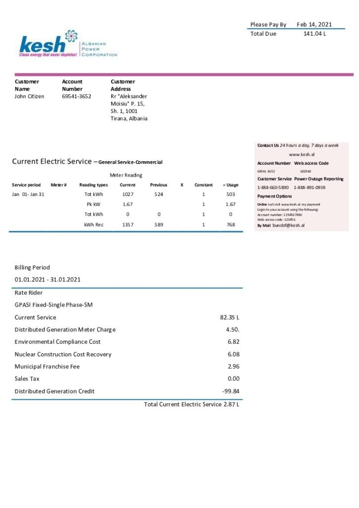 Albania power corporation utility bil