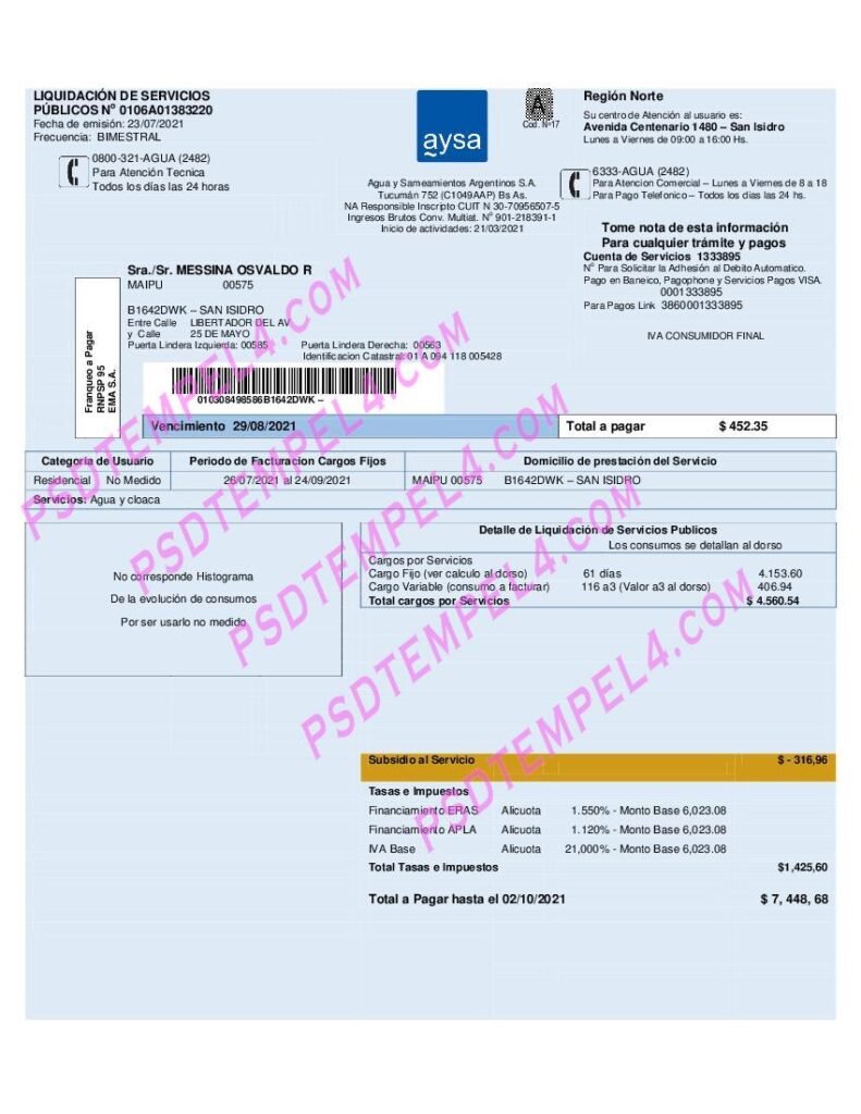 Argentina water utility bill