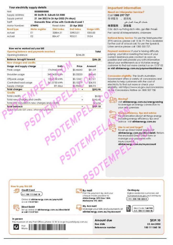 Australia Alinta energy electricity utility bill