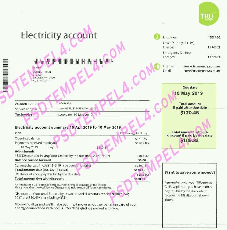 Australia Electricity Tru energy utility bill