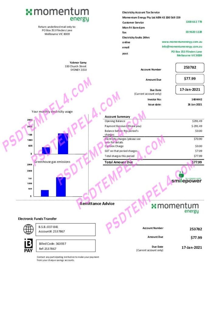 Australia Momentum Energy utility bill