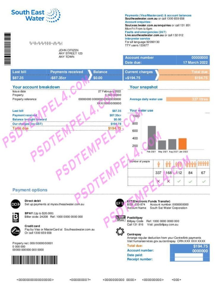 Australia South East Water utility bill