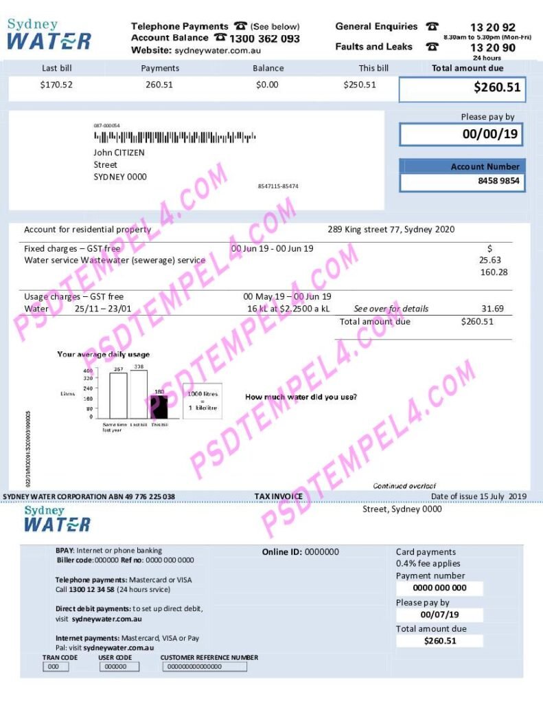 Australia Sydney water V2 utility bill
