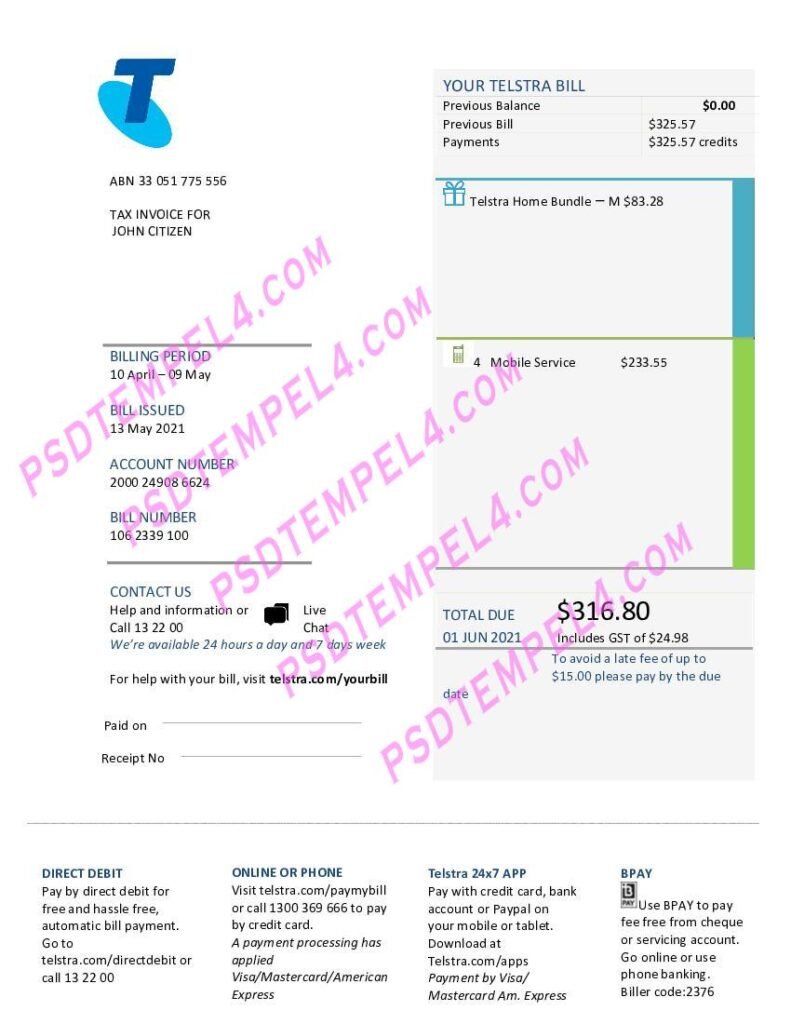 Australia Telstra utility bill