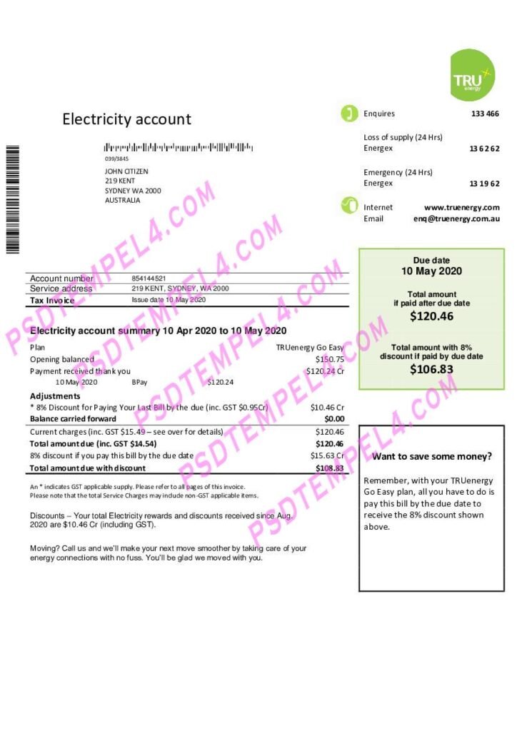 Australia Tru Energy electricity utility bill