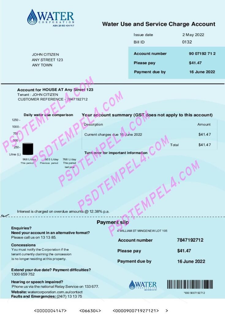Australia Water Corporation WA utility bill