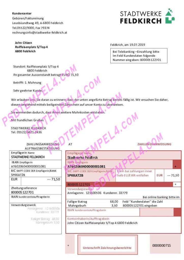 Austria Stadtwerke Feldkirch utility bill