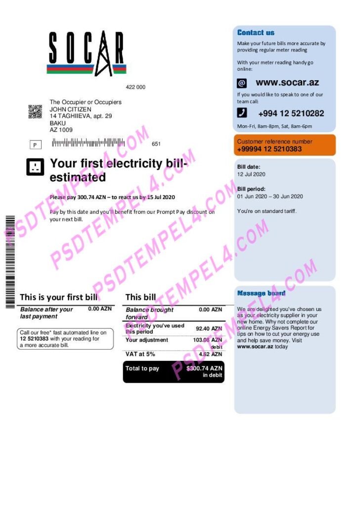 Azerbaijan Socar Gas utility bill