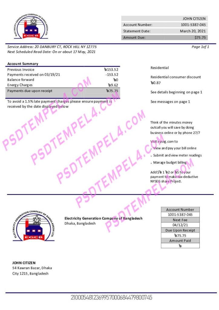 Bangladesh Electricity Generation Company of Bangladesh electricity utility bill