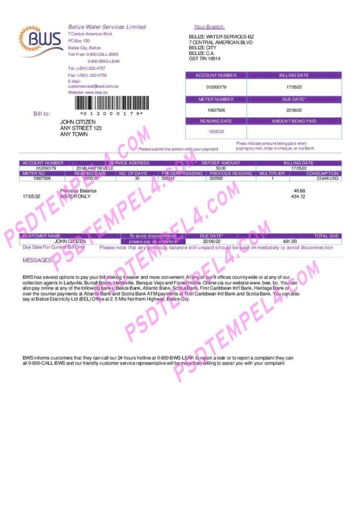Belize Water Services Limited utility bill