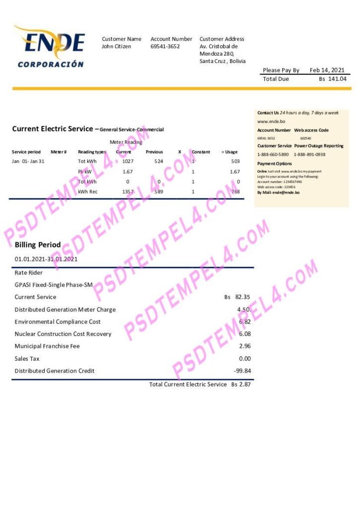 Bolivia ENDE Corporacion electricity utility bill