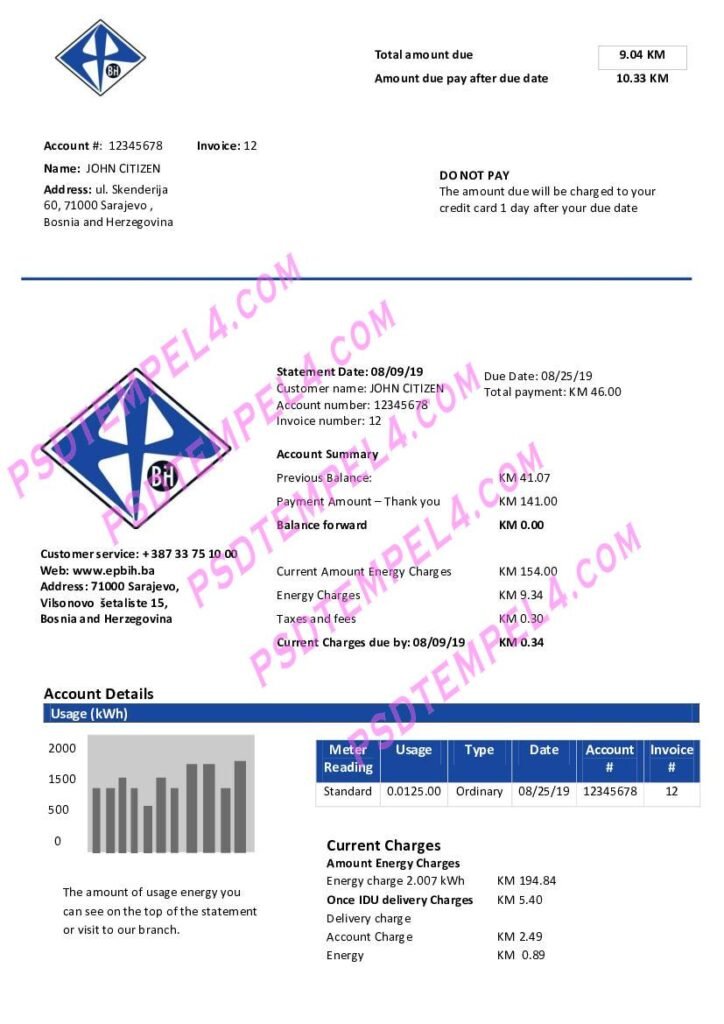 Bosnia and Herzegovina Elektroprivreda BiH electricity utility bill
