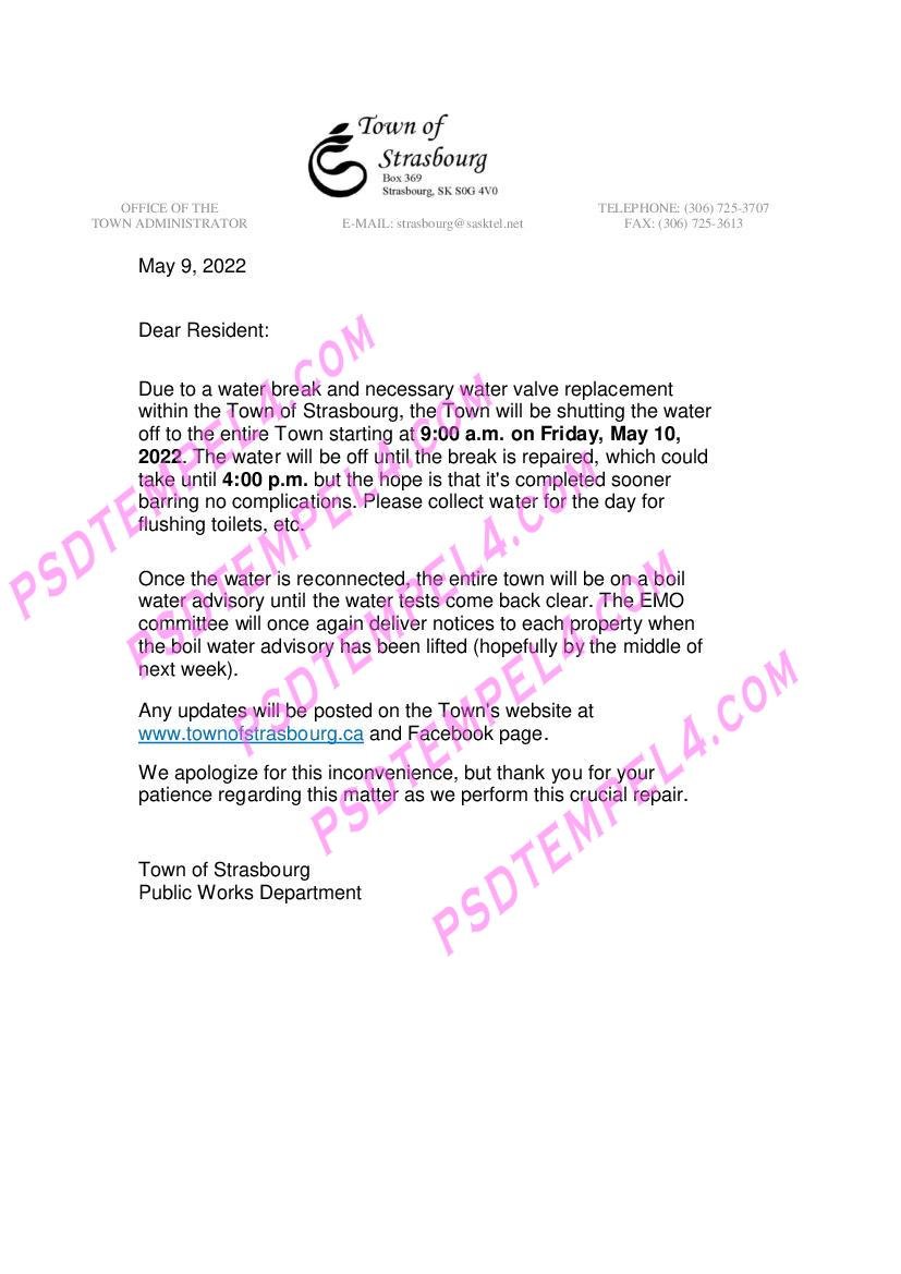Canada Saskatchewan Town of Strasbourg water shut off utility bill