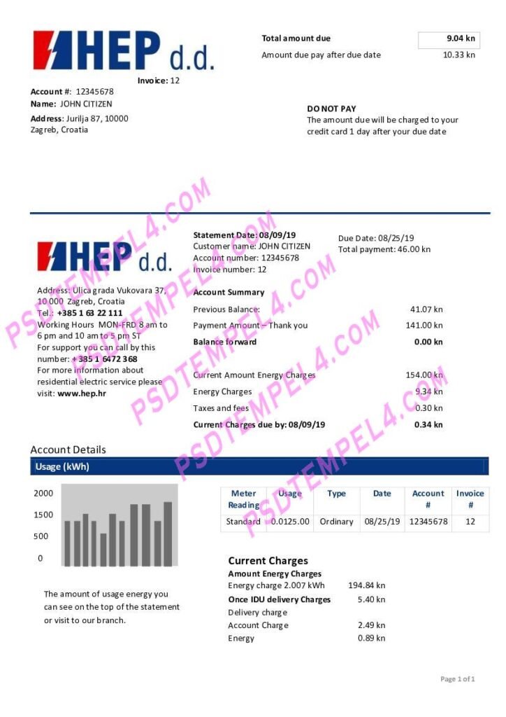 Croatia Hrvatska elektroprivreda electricity utility bill