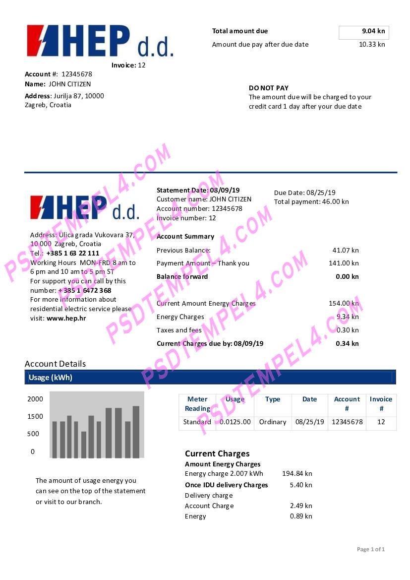 Croatia Hrvatska elektroprivreda electricity utility bill