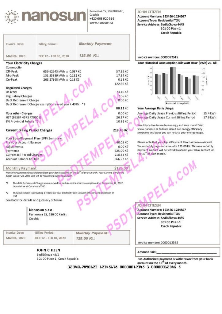 Czech Republic Nanosun s.r.o utility bill