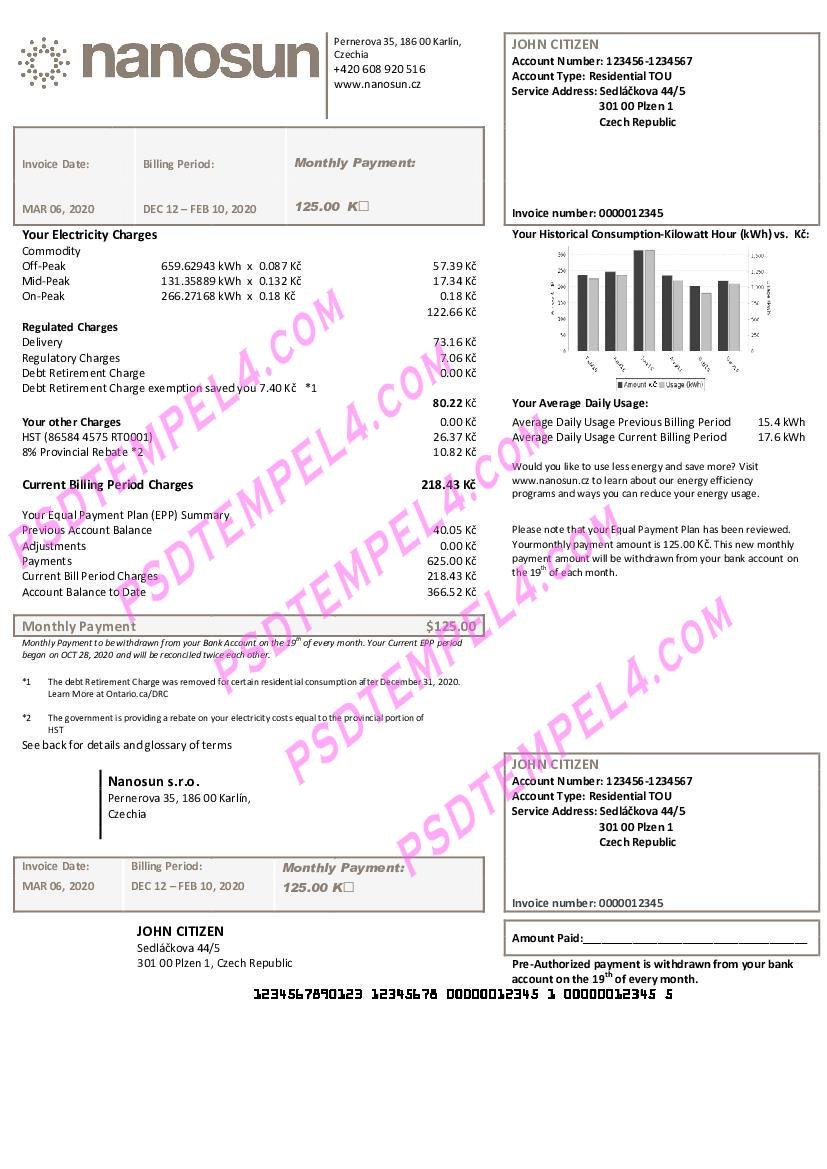 Czech Republic Nanosun s.r.o utility bill