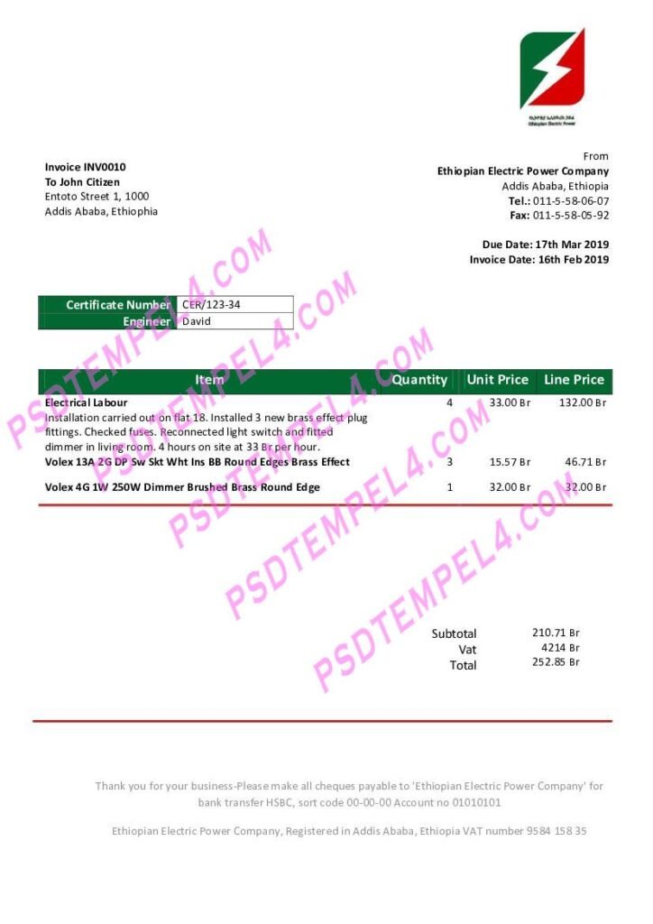 Ethiopia Ethiopian Electric Power Company electricity utility bill