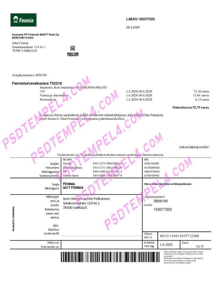 Finland Fennia Insurance company utility bill