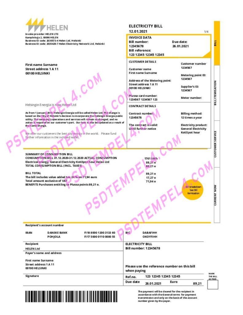 Finland Helen electricity utility bill