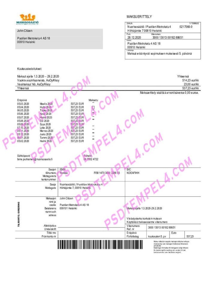 Finland Nuorisosaatio Youth Foundation utility bill