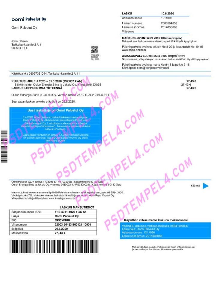 Finland Oomi Palvelut Oy electricity utility bill
