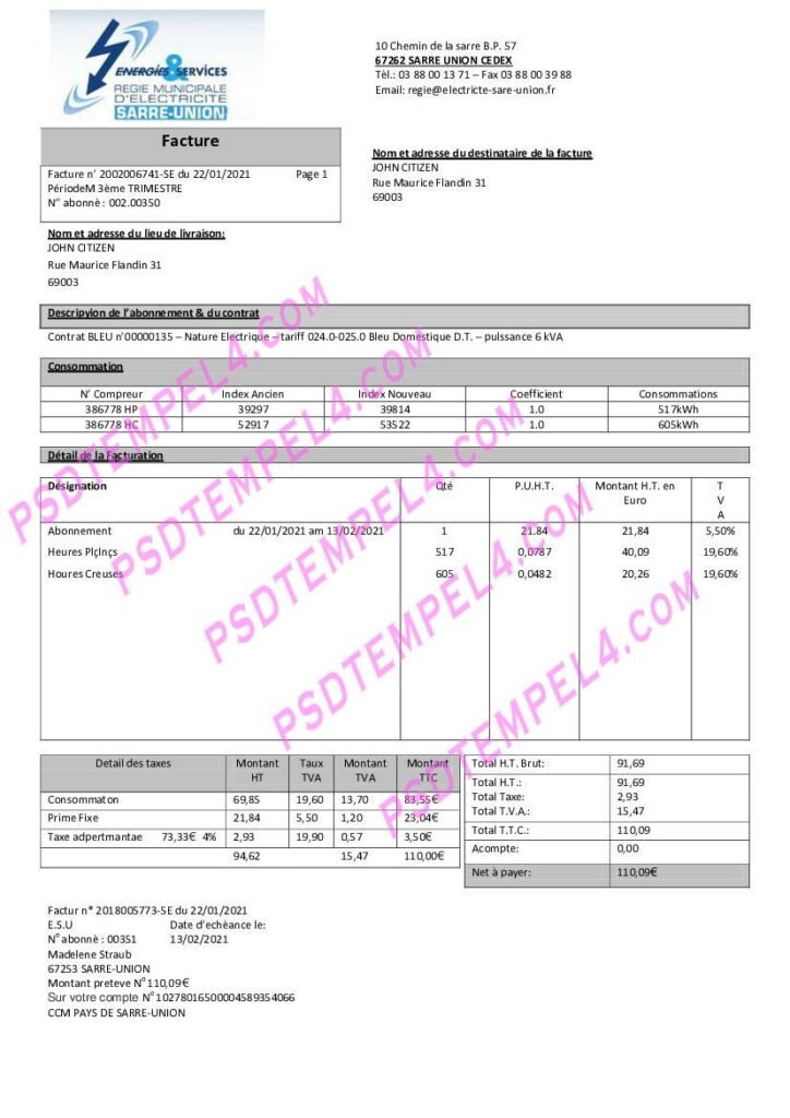 France Energies & Services Régie Municipal d’ Electricité Sarre-Union electricity utility bill