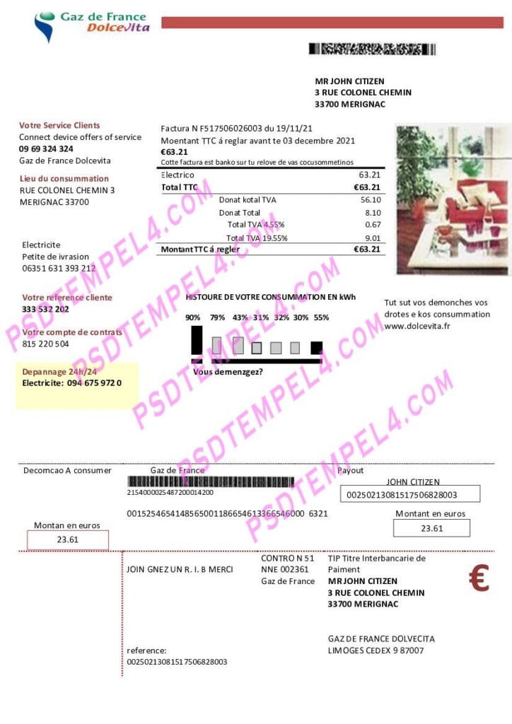 France Gaz de France Dolcevita utility bill