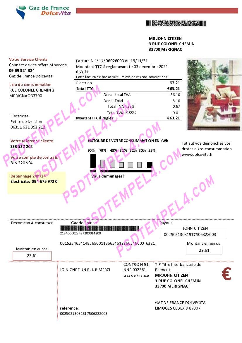 France Gaz de France Dolcevita utility bill