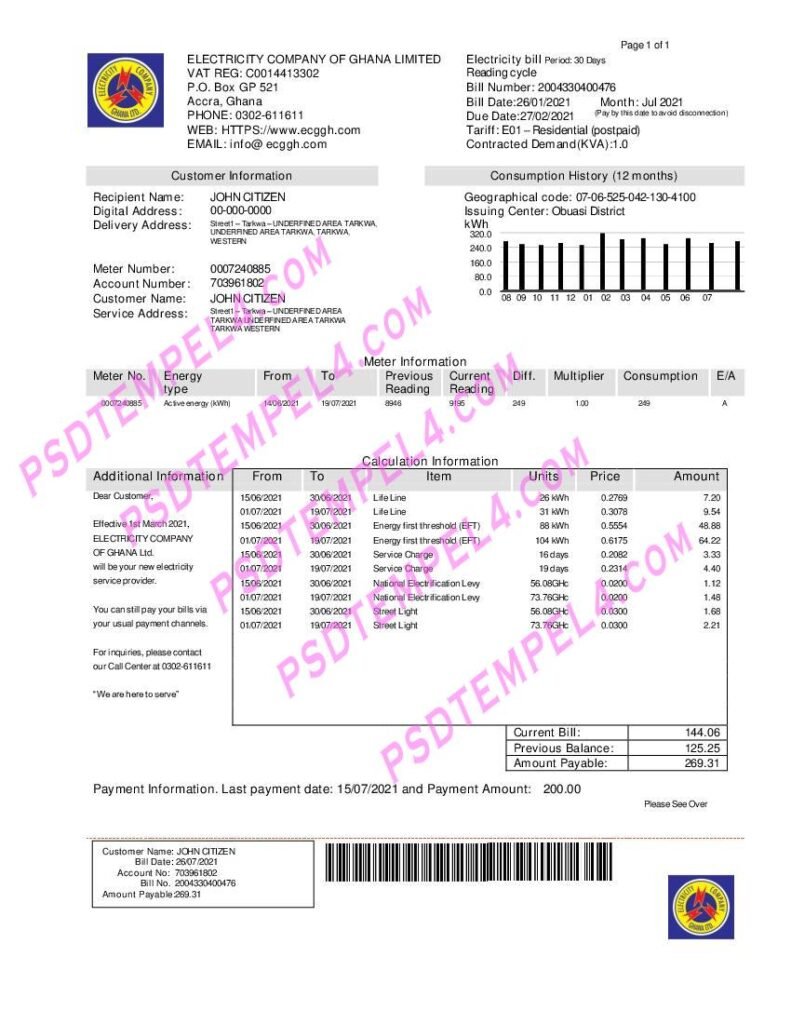Ghana Electricity Company of Ghana utility bill